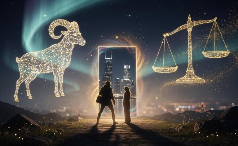 Illustration von [zwei Sternzeichen, Widder und Waage, die am 24. März 2026 ungeahnte Möglichkeiten anziehen]