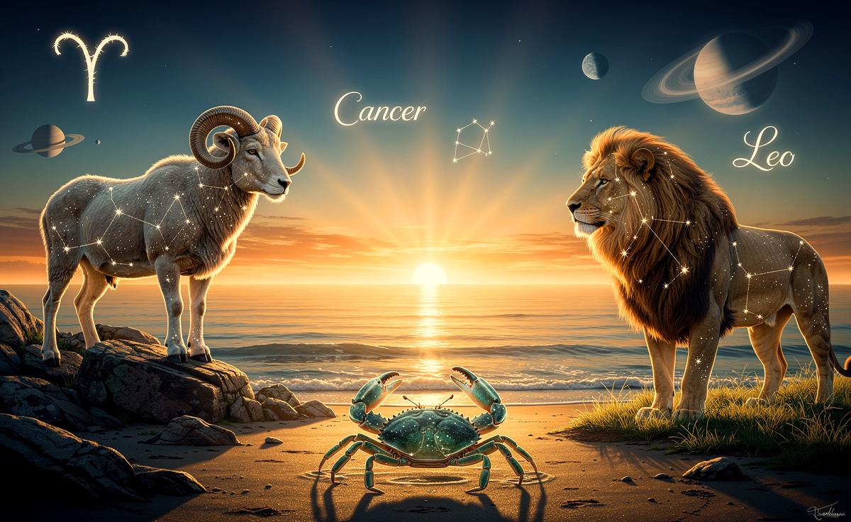 Illustration von Widder, Krebs und Löwe, die am 21. März 2026 zur Tagundnachtgleiche unter der Sonne im Widder ihre volle Kraft entfalten
