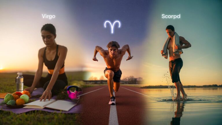 Illustration von [drei Sternzeichen – Widder, Jungfrau und Skorpion – die am 19. März 2026 eine transformative Gesundheitsreise beginnen]