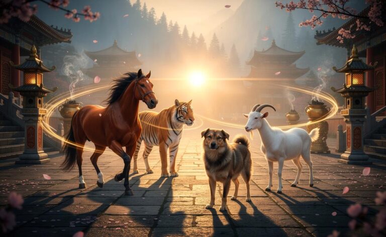 Illustration von vier chinesischen Sternzeichen (Pferd, Tiger, Hund, Ziege), die am 20. März 2026 zur Frühlingstagundnachtgleiche Kraft und Vitalität empfangen
