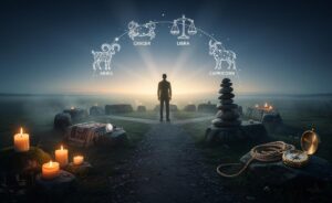 Illustration von vier Sternzeichen auf einer heilenden Reise ab dem 24. März 2026