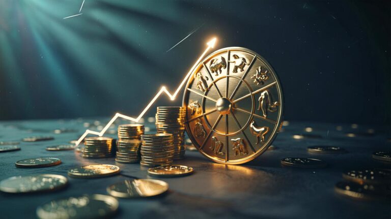 Illustration von [vier Sternzeichen – Stier, Skorpion, Jungfrau und Steinbock – die am 19. März 2026 eine kraftvolle finanzielle Verstärkung erfahren, inszeniert mit Tierkreis-Symbolen, Münzen und einem aufsteigenden Diagramm]