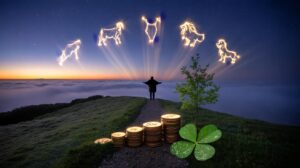 Illustration von fünf Sternzeichen, die ab dem 19. März 2026 Wohlstand und Glück manifestieren