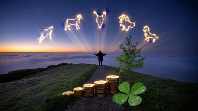 Illustration von fünf Sternzeichen, die ab dem 19. März 2026 Wohlstand und Glück manifestieren