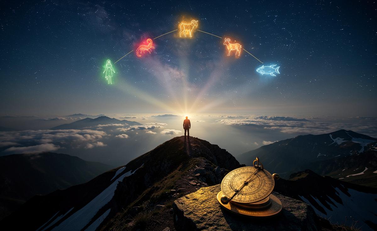 Illustration von fünf Sternzeichen – Widder, Skorpion, Steinbock, Jungfrau und Fische – am 22. März 2026 in einer Phase der Klarheit und inneren Stärke