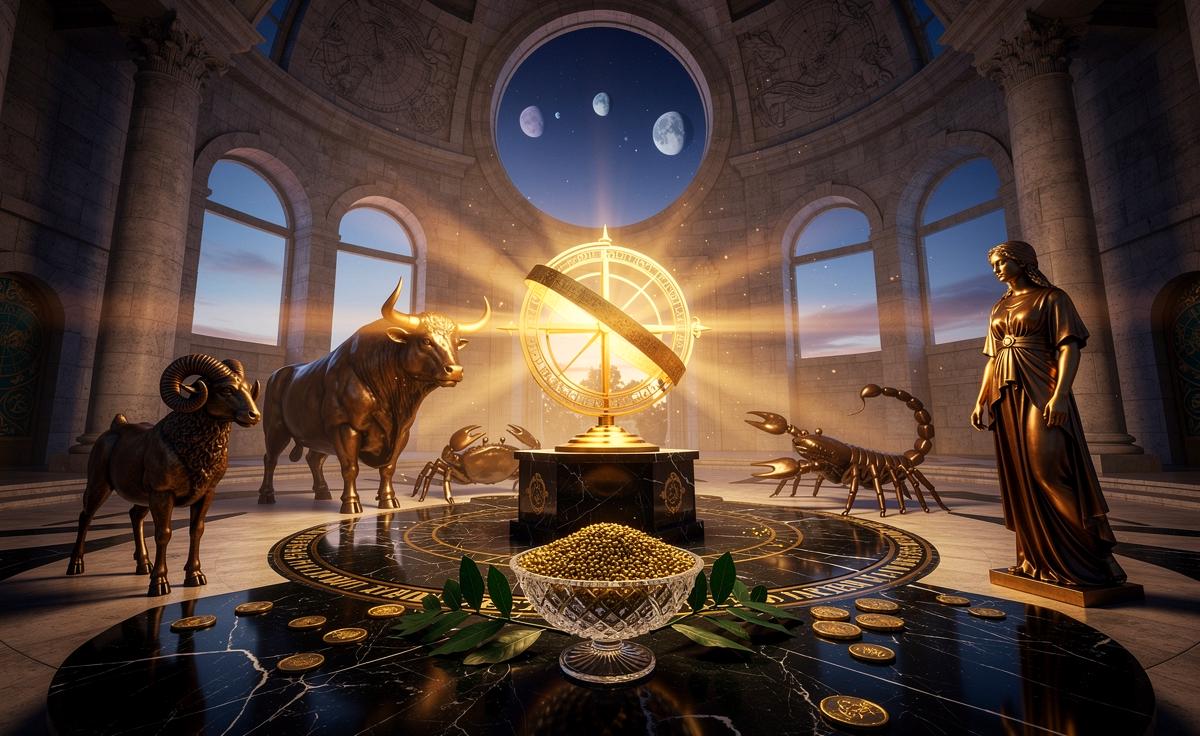 Illustration von fünf Sternzeichen – Widder, Stier, Krebs, Skorpion und Jungfrau –, die ab dem 21. März 2026 Wohlstand und Fülle anziehen