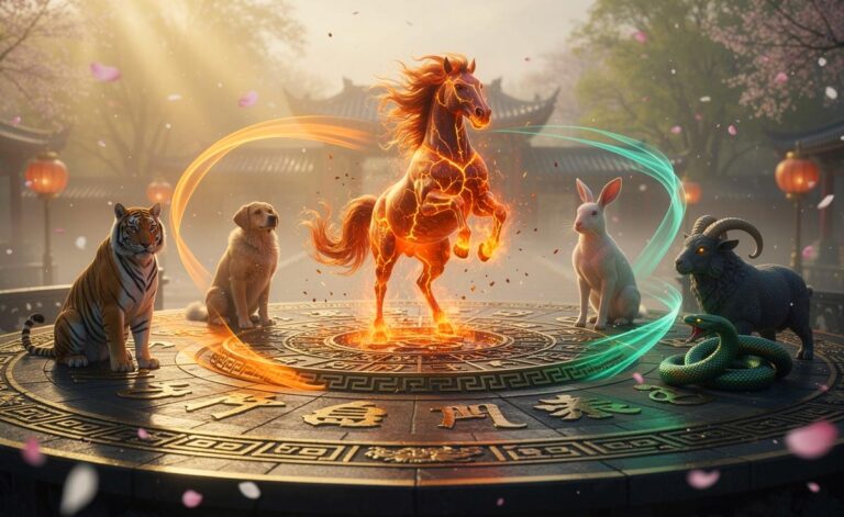 Illustration von sechs chinesischen Sternzeichen – Pferd, Tiger, Hund, Ziege, Hase und Schlange – die am 23. März 2026 einen Energieschub erleben