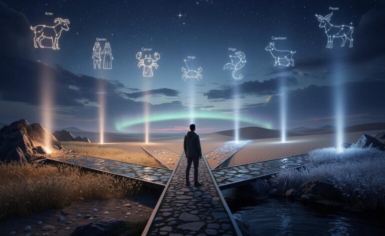 Illustration von sieben Sternzeichen, die am 23. März 2026 neue Chancen für persönliches Wachstum entdecken