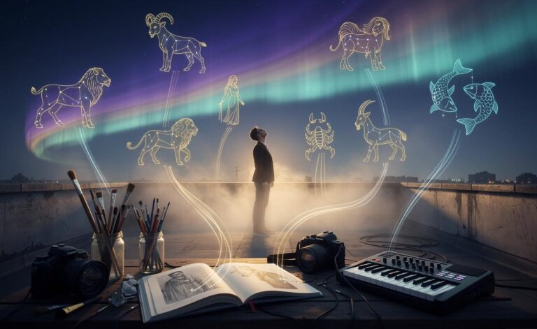 Illustration von sieben Sternzeichen, die ab dem 20. März 2026 eine Welle der Kreativität erleben
