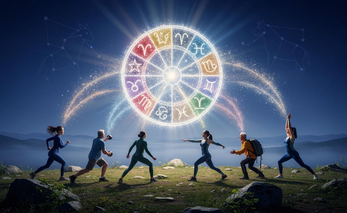 Illustration von acht Sternzeichen, die am 22. März 2026 einen Energieschub für Gesundheit und Vitalität erleben
