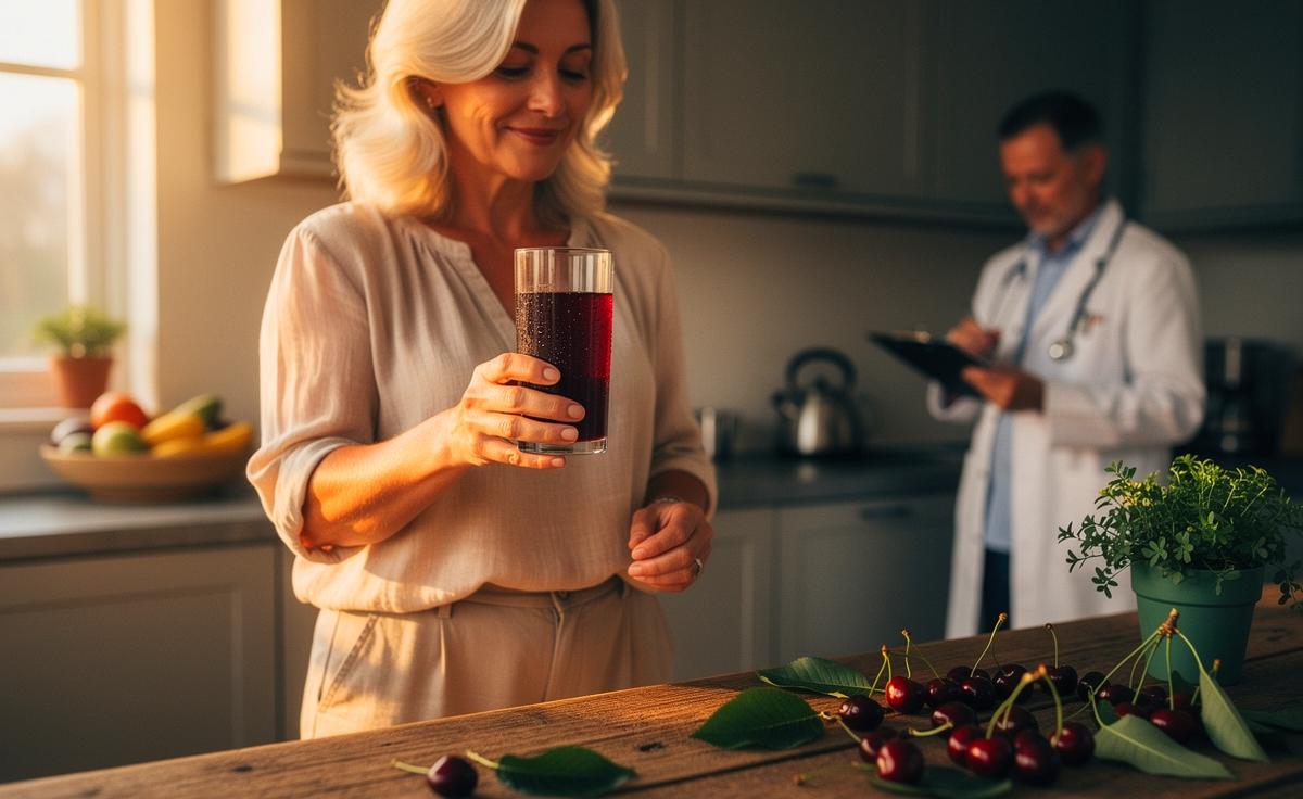 Illustration von einem Glas Sauerkirschsaft mit frischen Kirschen neben einer Person ab 50 zur Unterstützung der Gelenkgesundheit nach ärztlicher Empfehlung