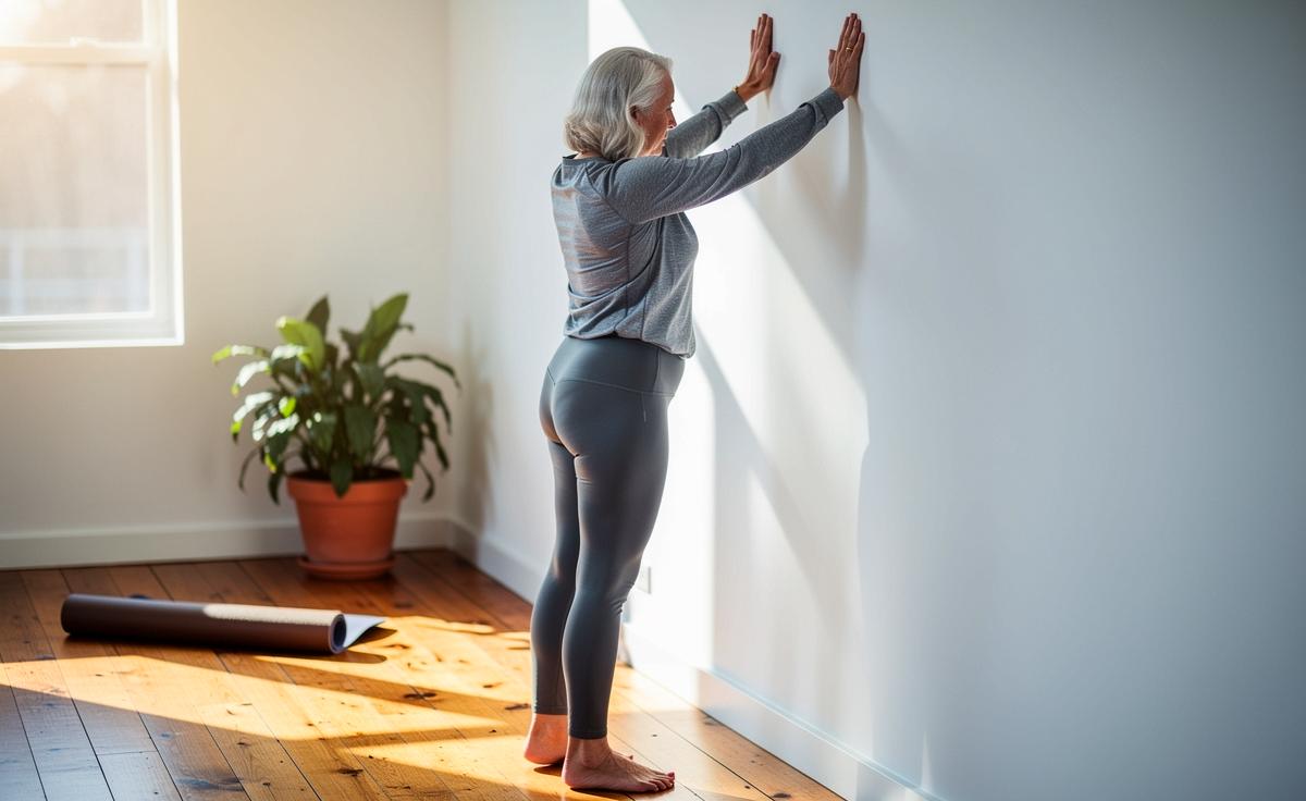 Illustration von einer Person ab 58 Jahren, die eine kurze Dehnung an der Wand zur Entspannung der Rückenmuskulatur ausführt