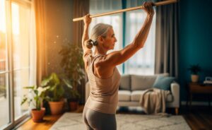 Illustration von einer kurzen Schulter-Mobilitätsübung für Menschen ab 61 zur Verbesserung der Schulterbeweglichkeit im Alltag
