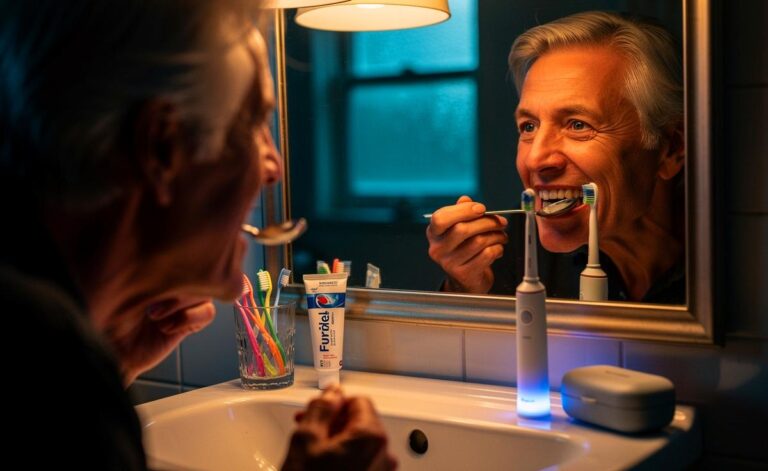 Illustration von [einer 65-jährigen Person, die ihren Unterbiss testet und die Zähne abends im Rahmen einer einmal täglichen Routine reinigt]