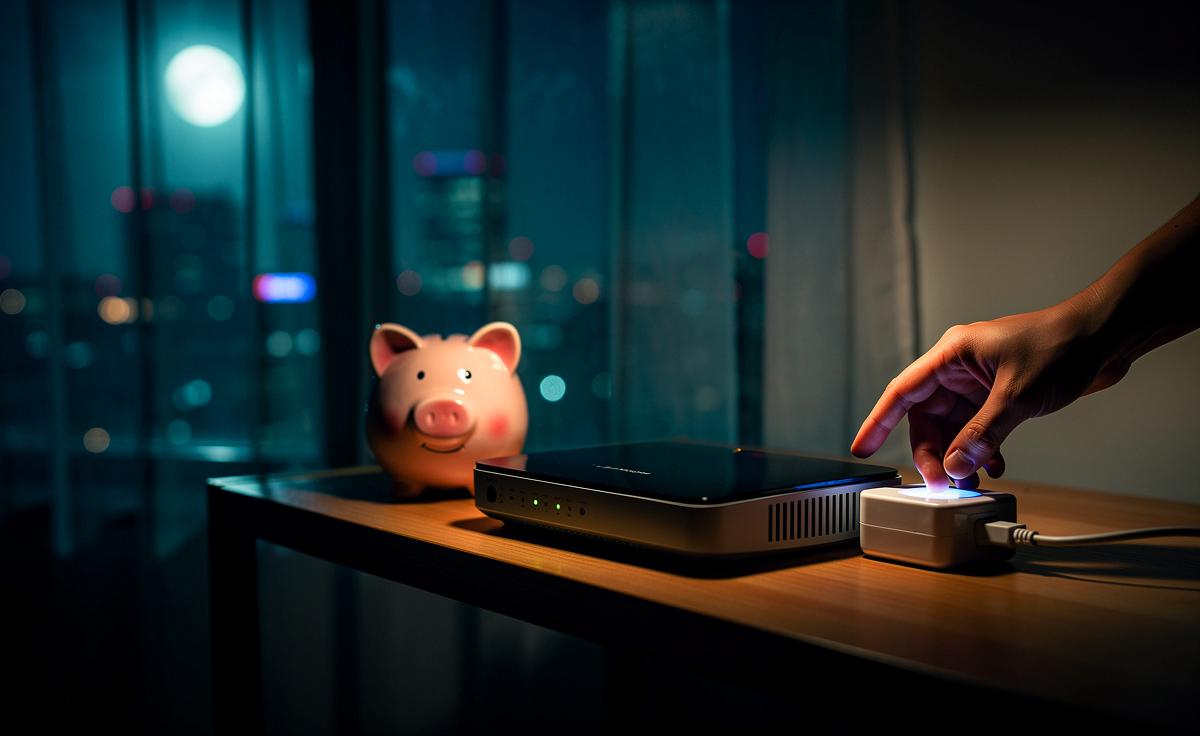 Illustration von der nächtlichen Abschaltung eines WLAN‑Routers zur Senkung der Stromkosten