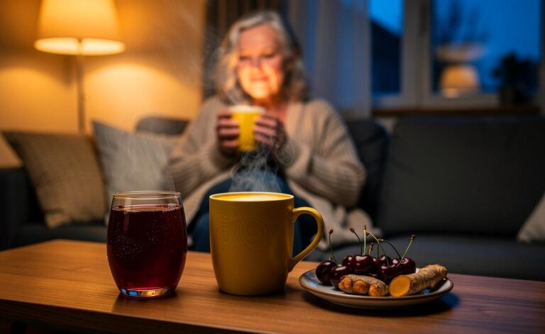 Illustration von einer Seniorin am Abend mit Sauerkirschsaft und Goldener Milch auf dem Tisch, Symbol für besseren Schlaf und geringere Gelenkschmerzen