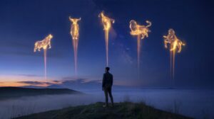 Illustration von fünf Sternzeichen, die am 19. März 2026 inspirierende Weisheit empfangen