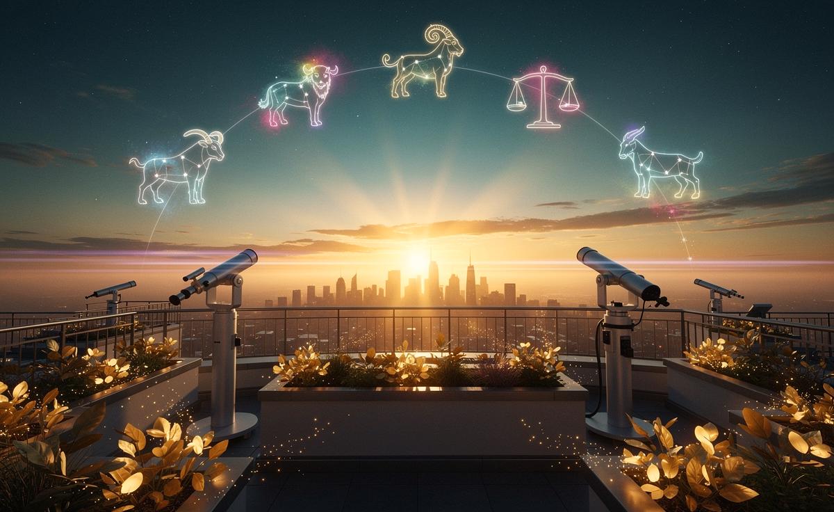 Illustration von fünf Sternzeichen, die am 20. März 2026 in eine Phase des Wohlstands eintreten