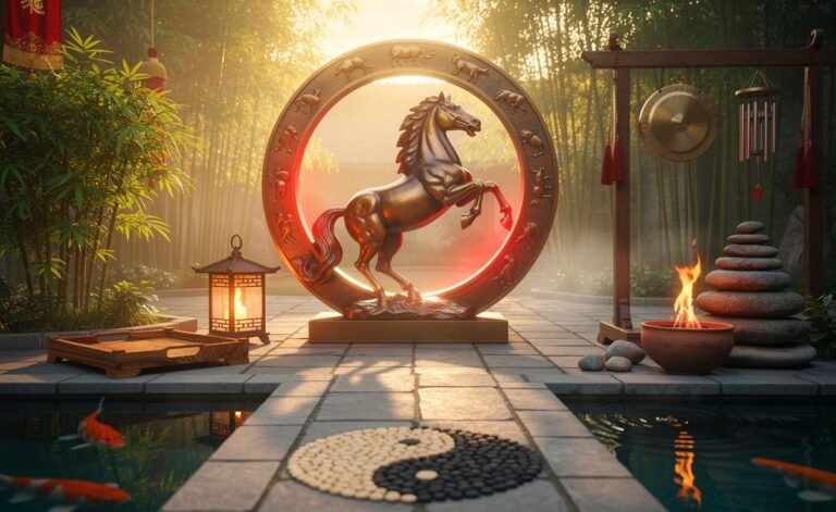 Illustration von chinesischem Zodiak-Horoskop am 22. März 2026 im Jahr des Feuer-Pferdes mit Schwerpunkt auf Harmonie und Ausgewogenheit