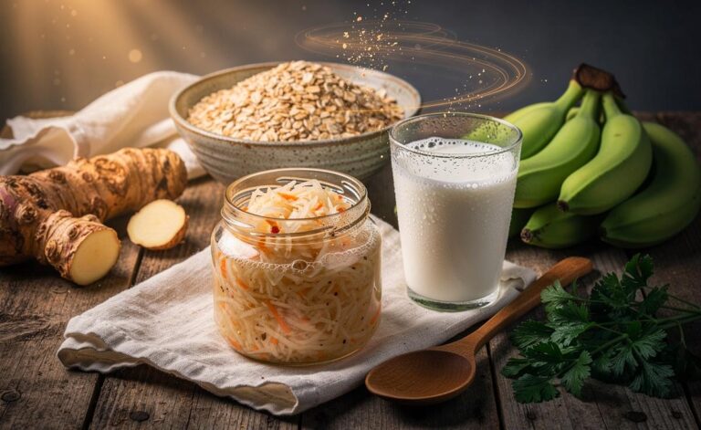 Illustration von fünf Lebensmitteln, die die Darmflora effektiver als teure Probiotika unterstützen: Sauerkraut, Kefir, Topinambur, grüne Bananen und Hafer