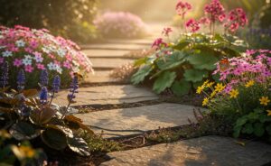Illustration von [fünf pflegeleichten Bodendeckern – Günsel, Polsterphlox, Storchschnabel, Waldsteinie und teppichbildender Thymian – zur natürlichen Unkrautunterdrückung im Garten]