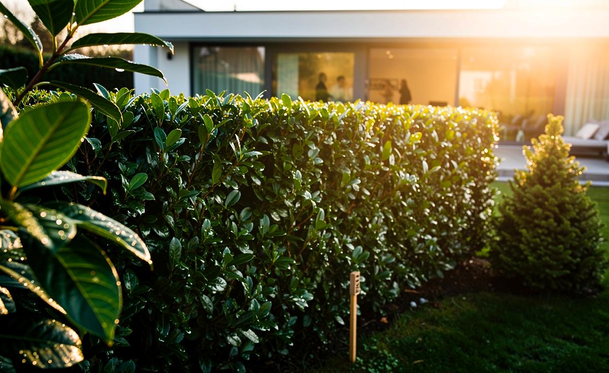 Illustration von einer schnell wachsenden, immergrünen Kirschlorbeer-Hecke als ganzjährig blickdichter Sichtschutz, Alternative zu Thuja