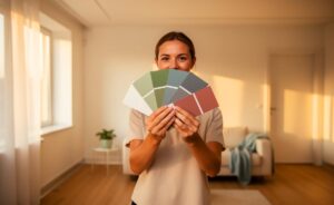 Illustration von einem Architekten, der mit Off-White, Pastelltönen und gezielten Kontrasten eine Innenraumfarbpalette plant, um Räume sichtbar heller wirken zu lassen