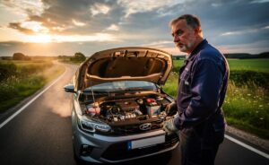 Illustration von einem Automechaniker, der die wöchentliche 20-km-Landstraßenfahrt zur langfristigen Motorreinigung erklärt