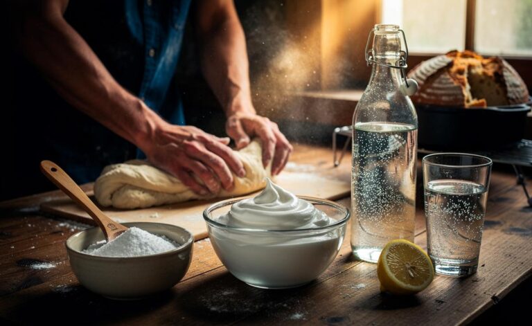 Illustration von [einem Bäcker, der drei geheime Zutaten – Natron und Säure, Eischnee/Aquafaba sowie sprudelndes Mineralwasser – für fluffiges Brot ohne Hefe erklärt]
