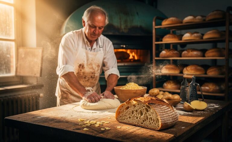 Illustration von einem Bäckermeister, der Kartoffeln in den Brotteig einarbeitet, um Brot länger frisch zu halten