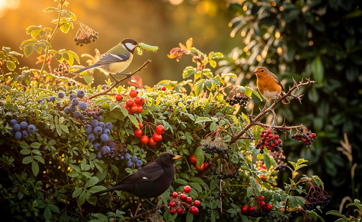 Illustration von einheimischen Sträuchern, die Vögel besser anlocken als exotische Arten