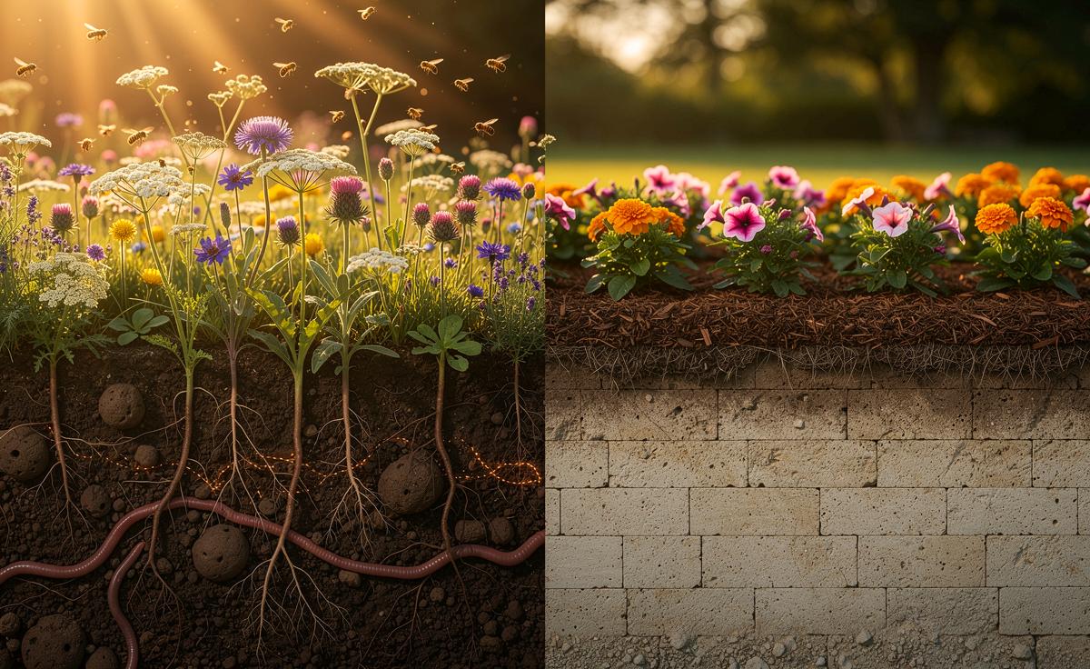 Illustration von heimischen Wildkräutern, die den Boden nützlicher aufwerten als Zierpflanzen