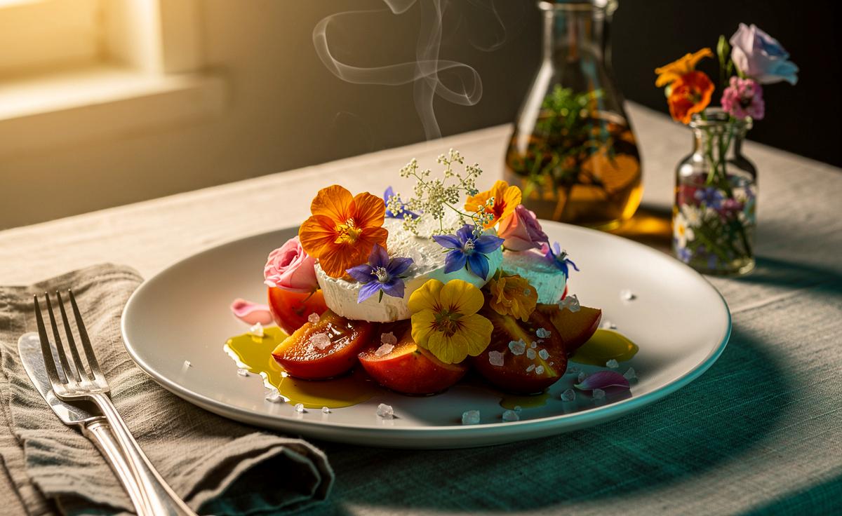 Illustration von essbaren Blüten als perfekte Dekoration für Sommergerichte, erklärt aus chemischer Sicht