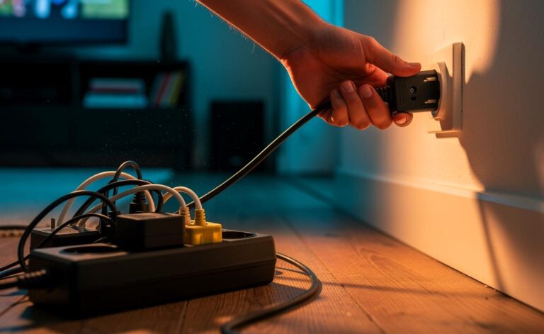 Illustration von einem Elektriker, der eine Steckerleiste vom Strom trennt, um Brandgefahr zu reduzieren und Standby-Verbrauch zu vermeiden