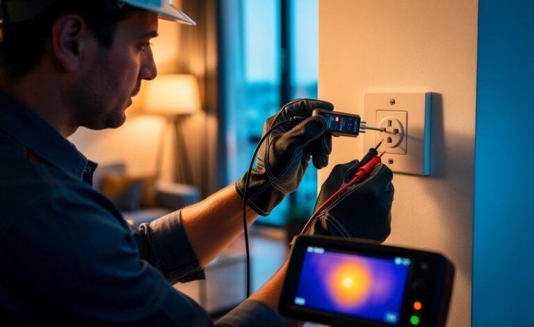 Illustration von [einem Elektriker, der eine Steckdose mit Prüfgerät kontrolliert, um Brandrisiken zu verringern]