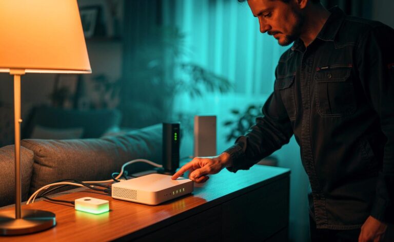 Illustration von einem Elektriker, der den WLAN‑Router im Heimnetz einmal pro Woche neu startet, um die Stabilität zu erhöhen und Energie zu sparen