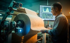 Illustration von [Ein Erfinder demonstriert einen Aufroller für raue Flächenwolle, der Materialkosten durch präzise Zugregelung und Kantenführung halbiert]