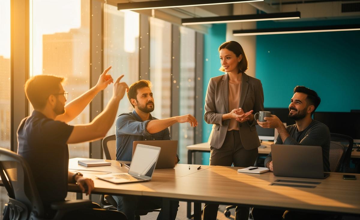 Illustration von fünf Minuten kreativer Bewegung am Arbeitsplatz, angeleitet von einem Ergotherapeuten, zur Steigerung von Fokus und Teamdynamik