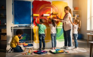 Illustration von Kindern, die an einer Wand malen, angeleitet von einem Ergotherapeuten zur Förderung der Kreativität