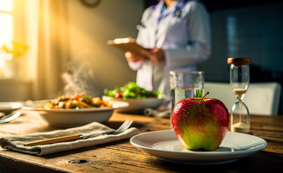 Illustration von der Empfehlung eines Ernährungsberaters, vor jeder Mahlzeit einen Apfel zu essen, um die Verdauungsleistung zu verbessern