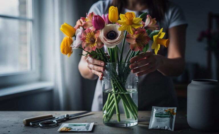 Illustration von einem Floristen, der erklärt, wie Frühlingssträuße bei wenig Sonne frischer und länger blühen