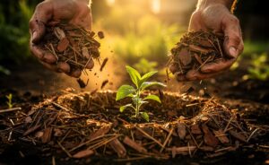 Illustration von einem Gärtner, der zwei Handvoll Rindenmulch um junge Pflanzen streut, um Unkraut wochenlang natürlich zu unterdrücken