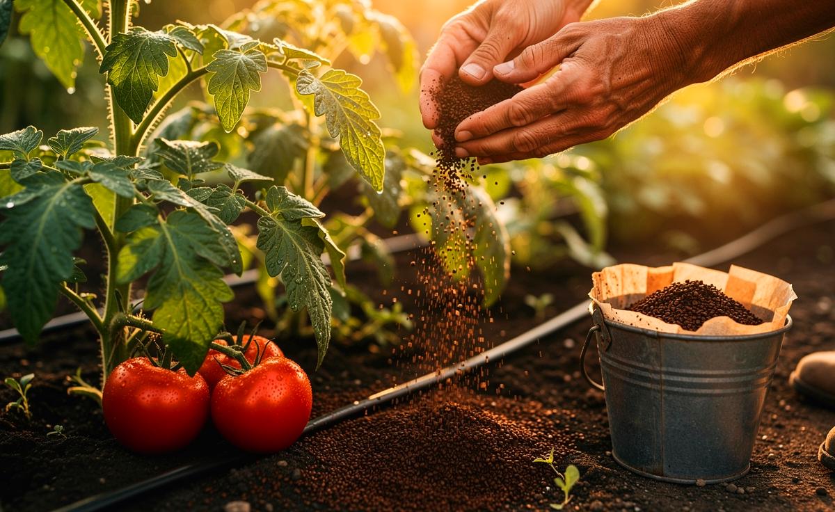 Illustration von einem Gärtner, der Kaffeesatz bei Tomatenpflanzen ausbringt, um Wachstum und Ertrag zu steigern