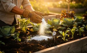 Illustration von [einem Gärtner, der die richtige Kalkung erklärt und Kalk im Garten ausbringt, um den pH‑Wert zu regulieren und das Pflanzenwachstum zu fördern]