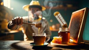 Illustration von einem Imker, der erklärt, warum Honig im Tee nicht immer gesund ist