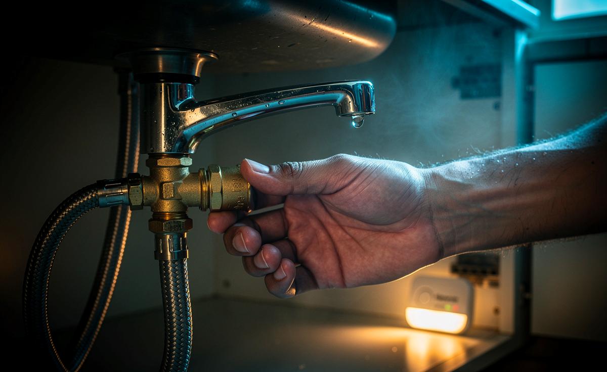 Illustration von einem Klempner, der nachts den Wasserhahn zudreht, um Leckagen und Wasserschäden zu vermeiden und Wasser- sowie Energiekosten zu sparen