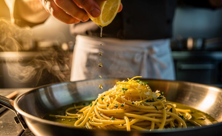 Illustration von einem Koch, der ein paar Tropfen Zitrone über die Pasta träufelt, um sie besonders schmackhaft zu machen