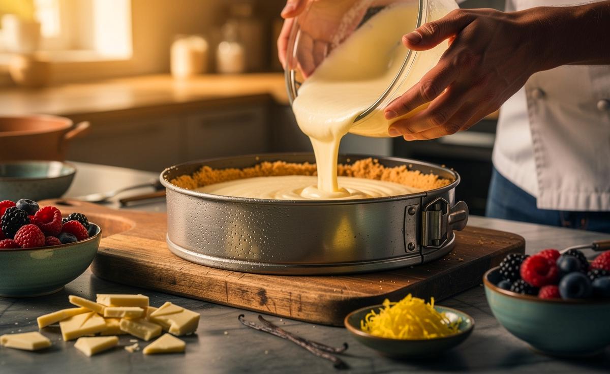 Illustration von einem Koch, der einen einfachen Kuchen ohne Ofen in einer Springform mit Keksboden und cremiger Füllung zubereitet