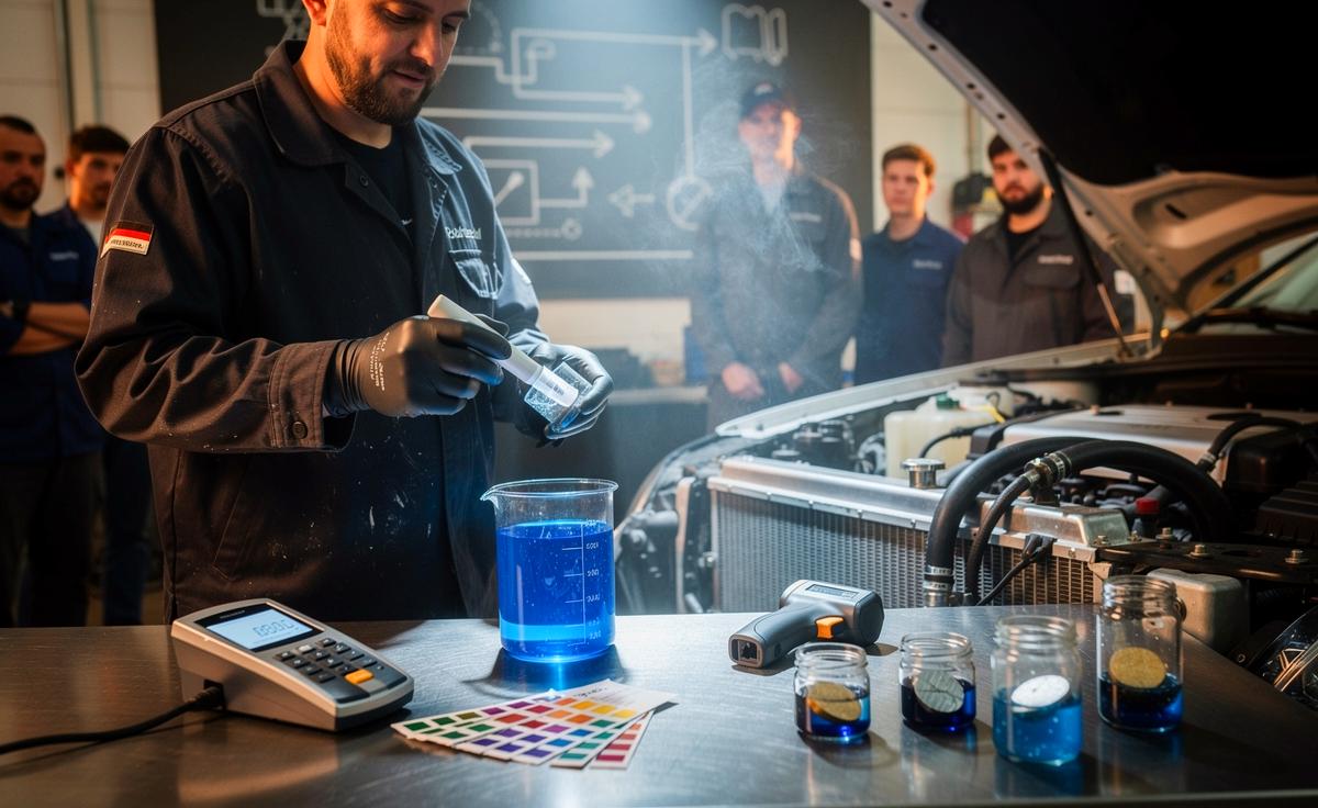 Illustration von einem Berufsschullehrer, der die entscheidenden Vorteile der Donau-Kühlflüssigkeit in der Kfz-Unterrichtswerkstatt demonstriert