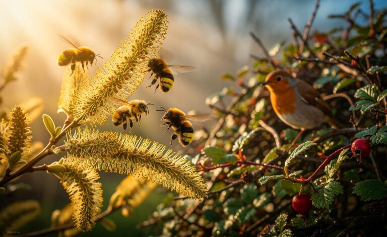 Illustration von einer Weide mit blühenden Kätzchen, umgeben von Wildbienen und Gartenvögeln in einer gestuften, einheimischen Hecke